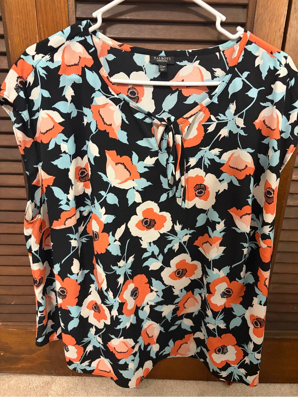 Talbots Black Floral Tie-Neck Blouse in Coral & Aqua
